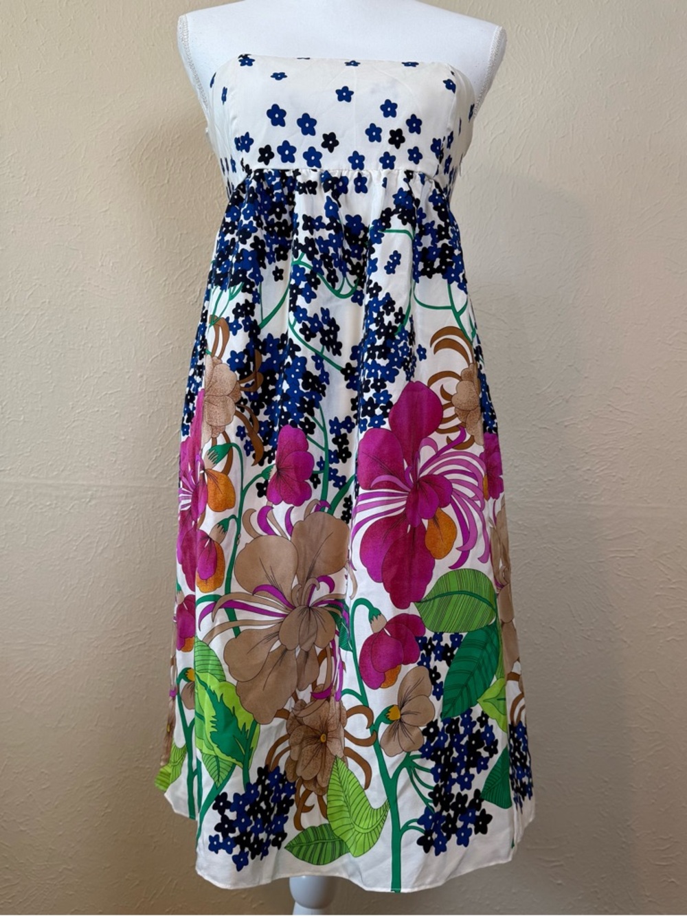 Tibi Silk White Strapless Tie Back Dress with Floral Accents